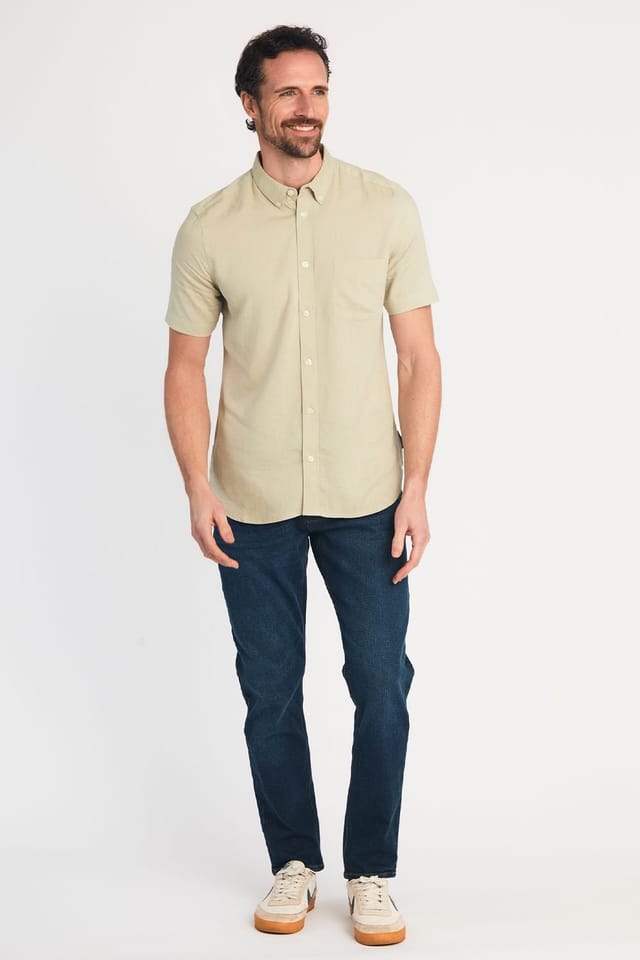 French Connection French Connection Men's Linen Blend Short Sleeve Chest Pocket Shirt in Light Green - 3