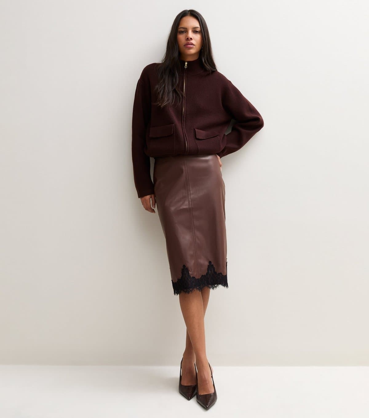 New Look Women's Dark Brown Faux Leather Lace Trim Pencil Midi Skirt New Look