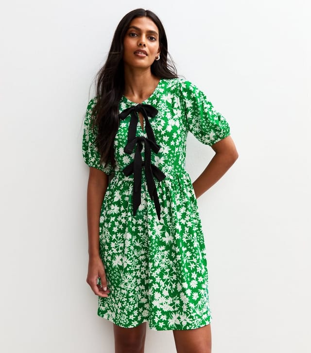 New Look Women's Green Floral Print Textured Tie Front Mini Dress New Look - 3