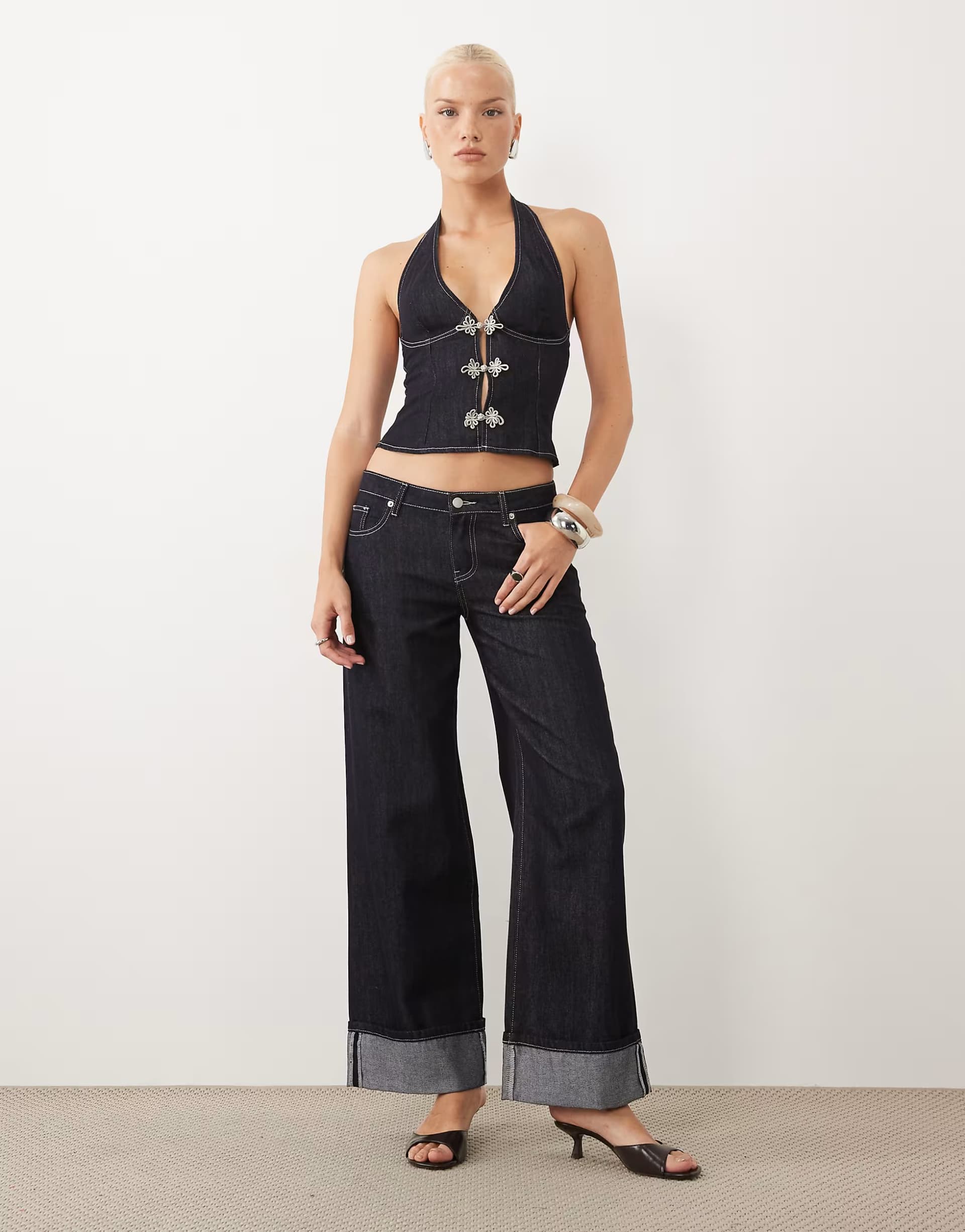 ASOS Tiger Mist Tilda halterneck clasp detail corset waistcoat top and wide leg turnup hem jeans co-ord in dark wash denim