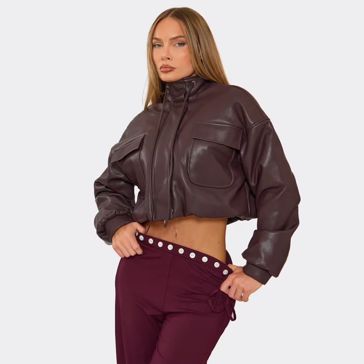 EGO Long Sleeve High Neck Oversized Bomber Jacket In Plum Faux Leather, Women's Size UK 6