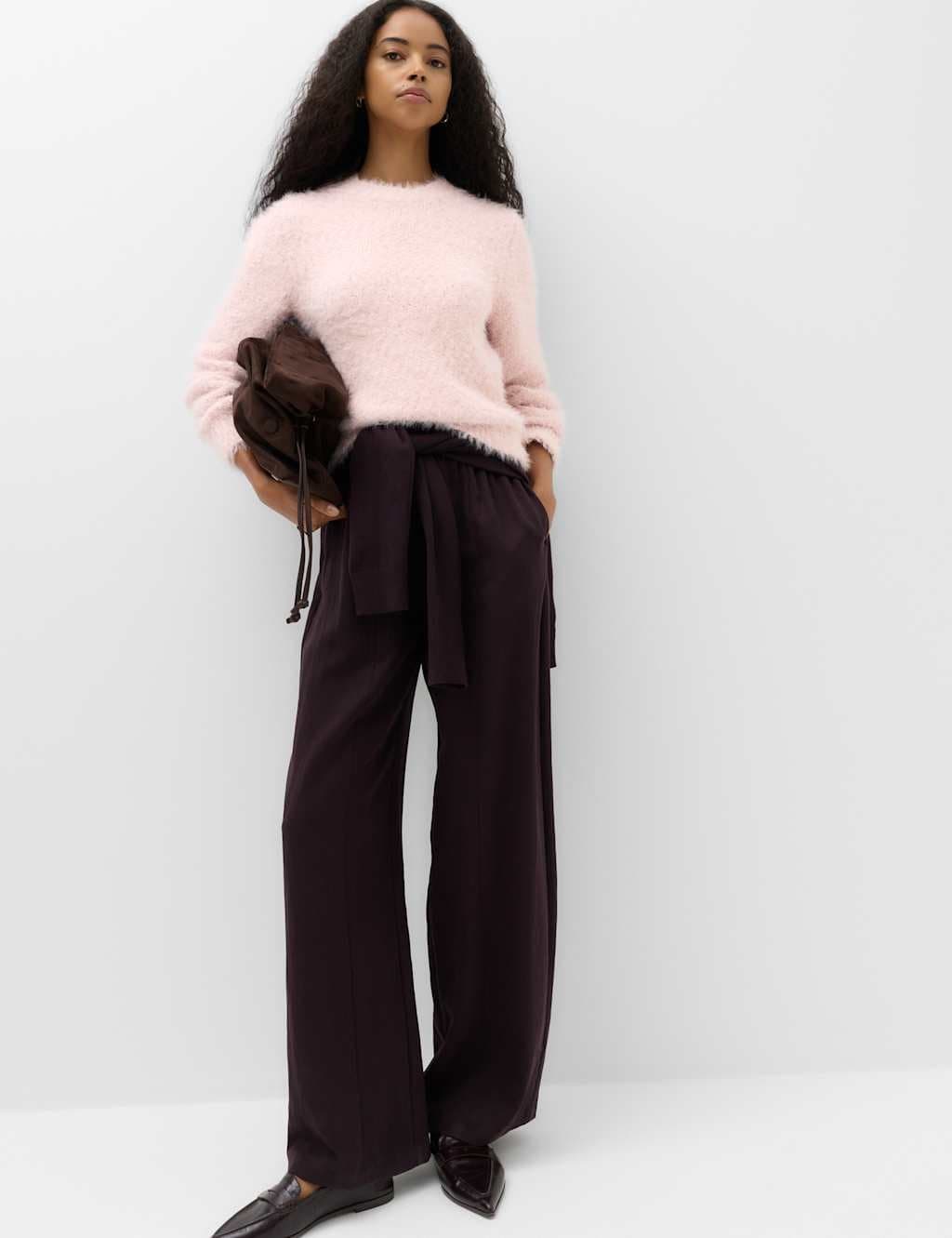 Marks & Spencer M&S Textured Crew Neck Jumper Pale Pink