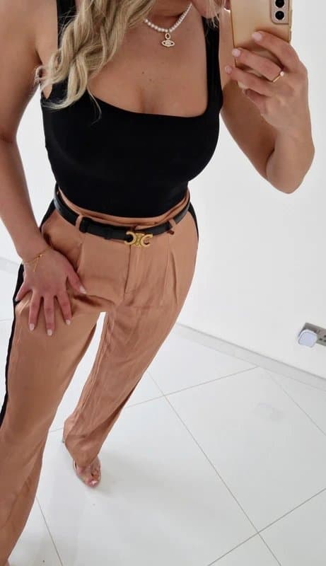 Zara Satin silky chocolate brown black tailored trousers summer holiday night out