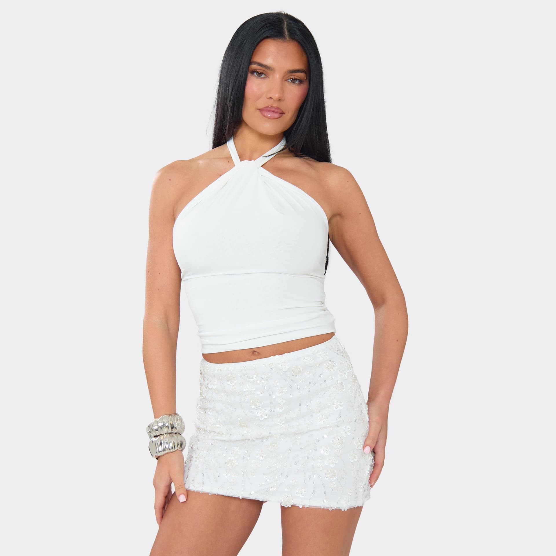 EGO Mid Rise Mini Skirt In White Floral Sequin, Women's Size UK 6