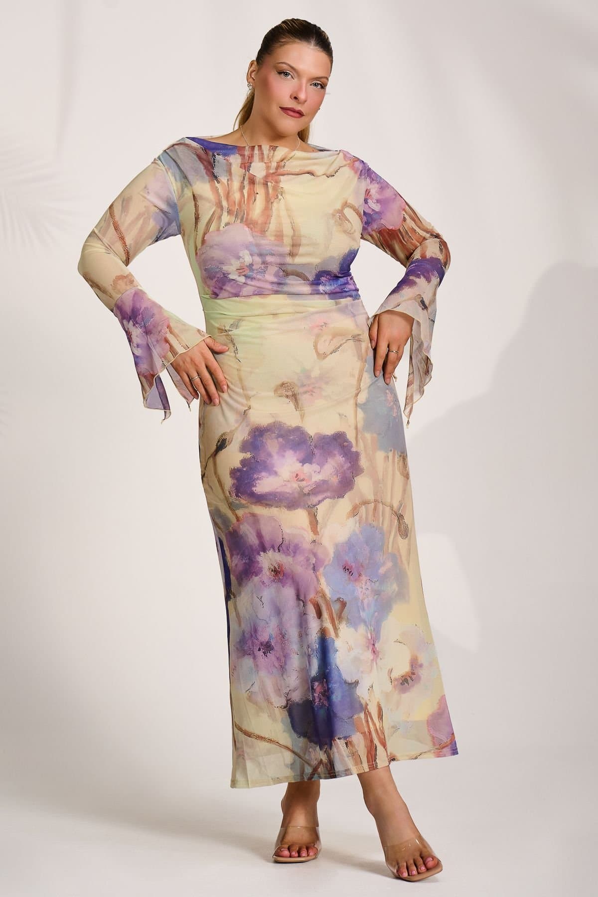 Jolie Moi Jolie Moi Women's Long Sleeve Slash Neck Mesh Maxi Dress in Yellow