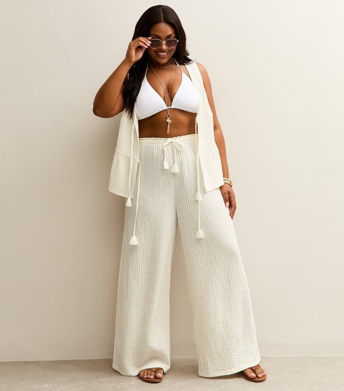 New Look Women's Plus Size Off White Textured Beach Trousers Curves New Look