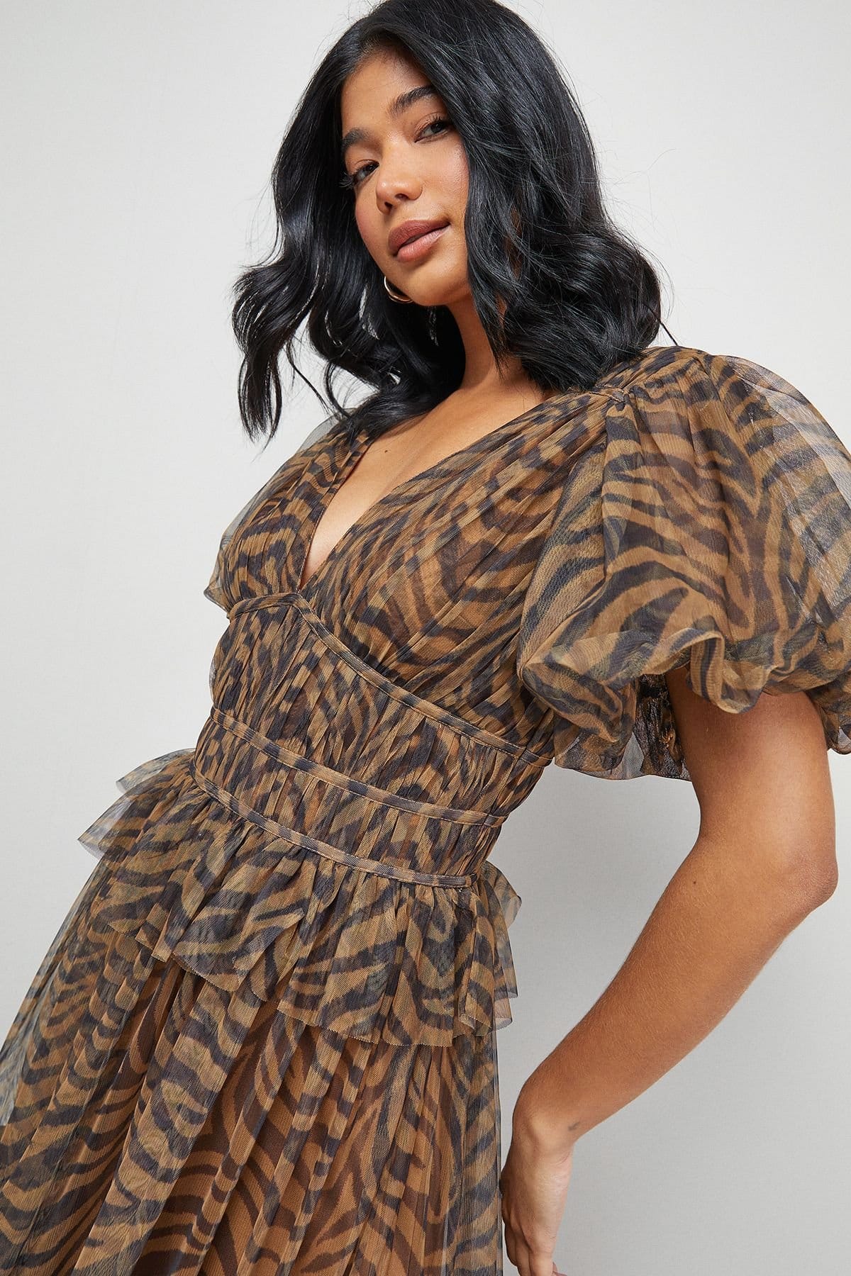 Warehouse Warehouse Women's Zebra Print Tulle Ruffle Maxi Dress in Animal - 4