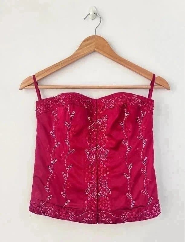 New Look Y2K New Look Red Beaded Corset Top Embellished Sequin Vintage 00s Party Goth Glam Boho