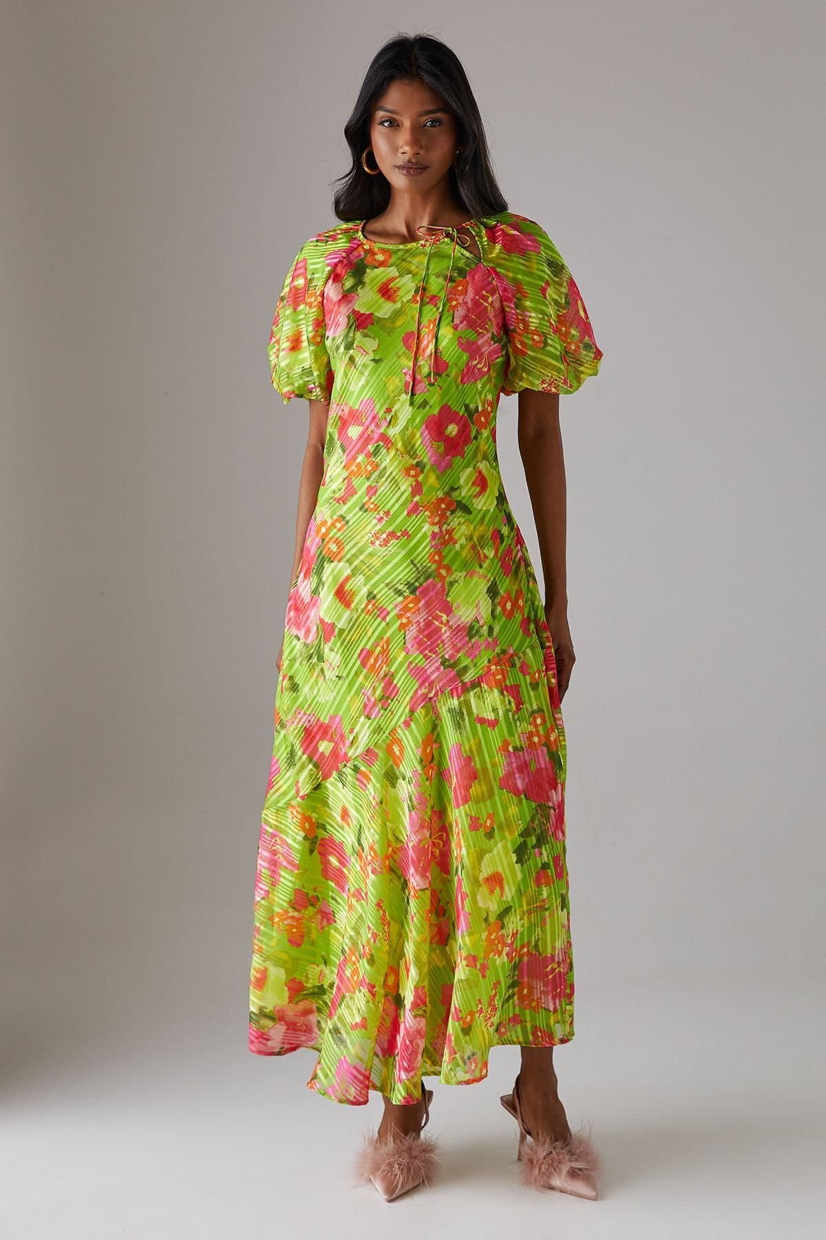 Warehouse Warehouse Women's Shadow Stripe Tie Neck Bias Midi Dress in Floral