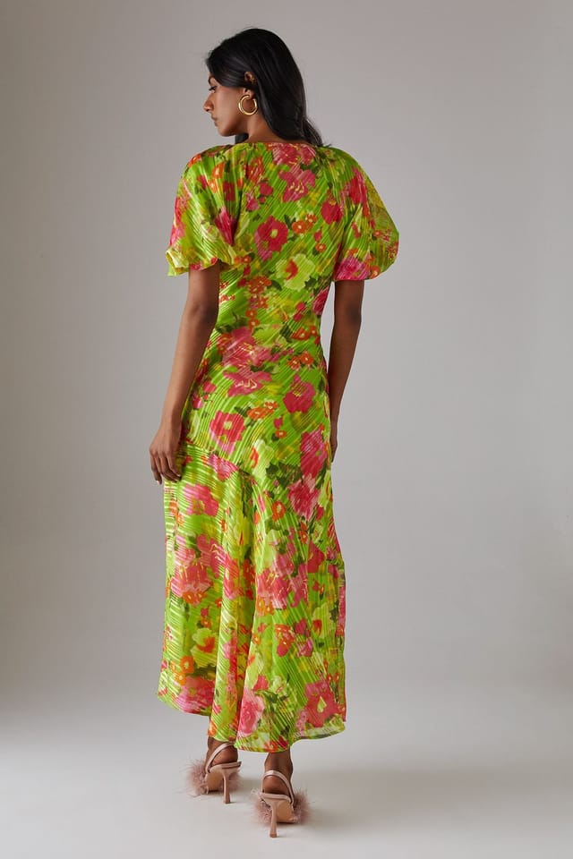 Warehouse Warehouse Women's Shadow Stripe Tie Neck Bias Midi Dress in Floral - 3