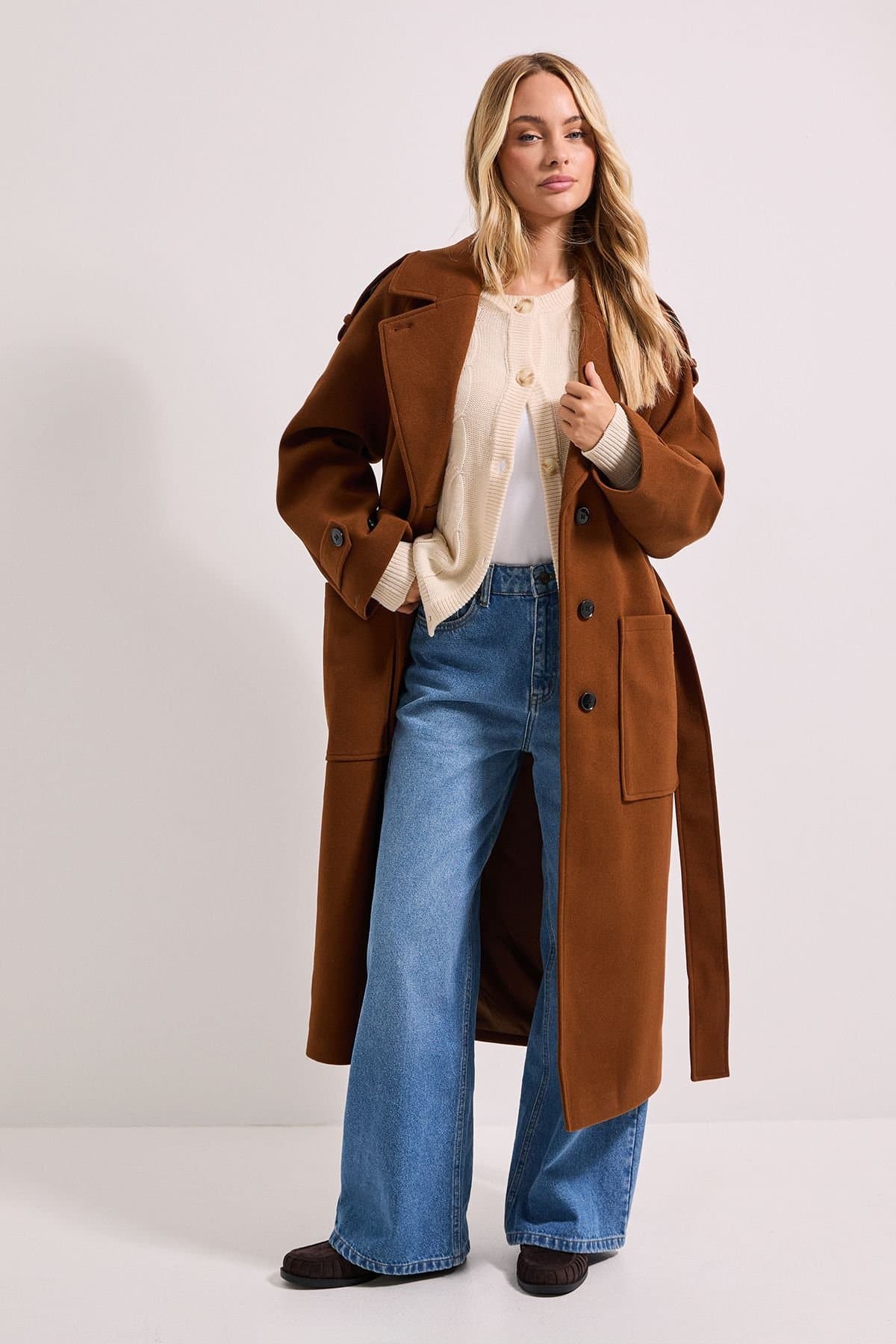 Dorothy Perkins Dorothy Perkins Women's Petite Belted Longline Coat in Chocolate