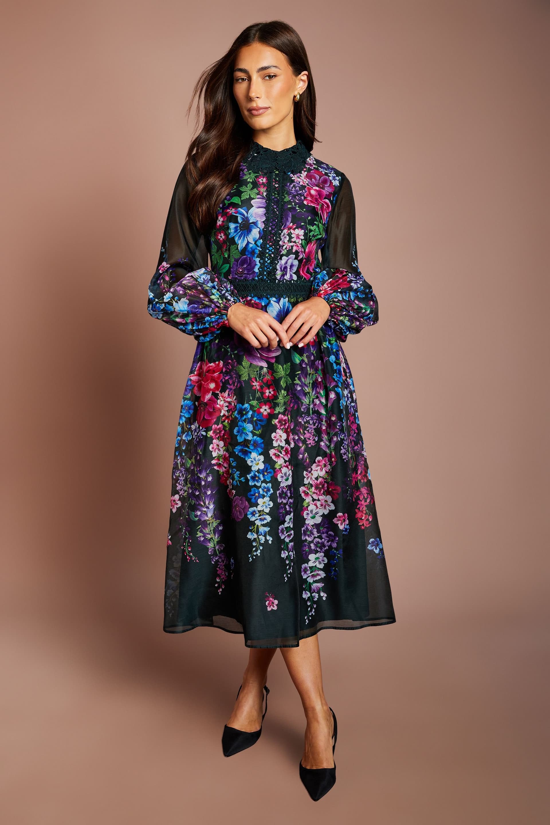 Coast Coast Women's Lace Trim Printed Organza Midi Dress in Forest