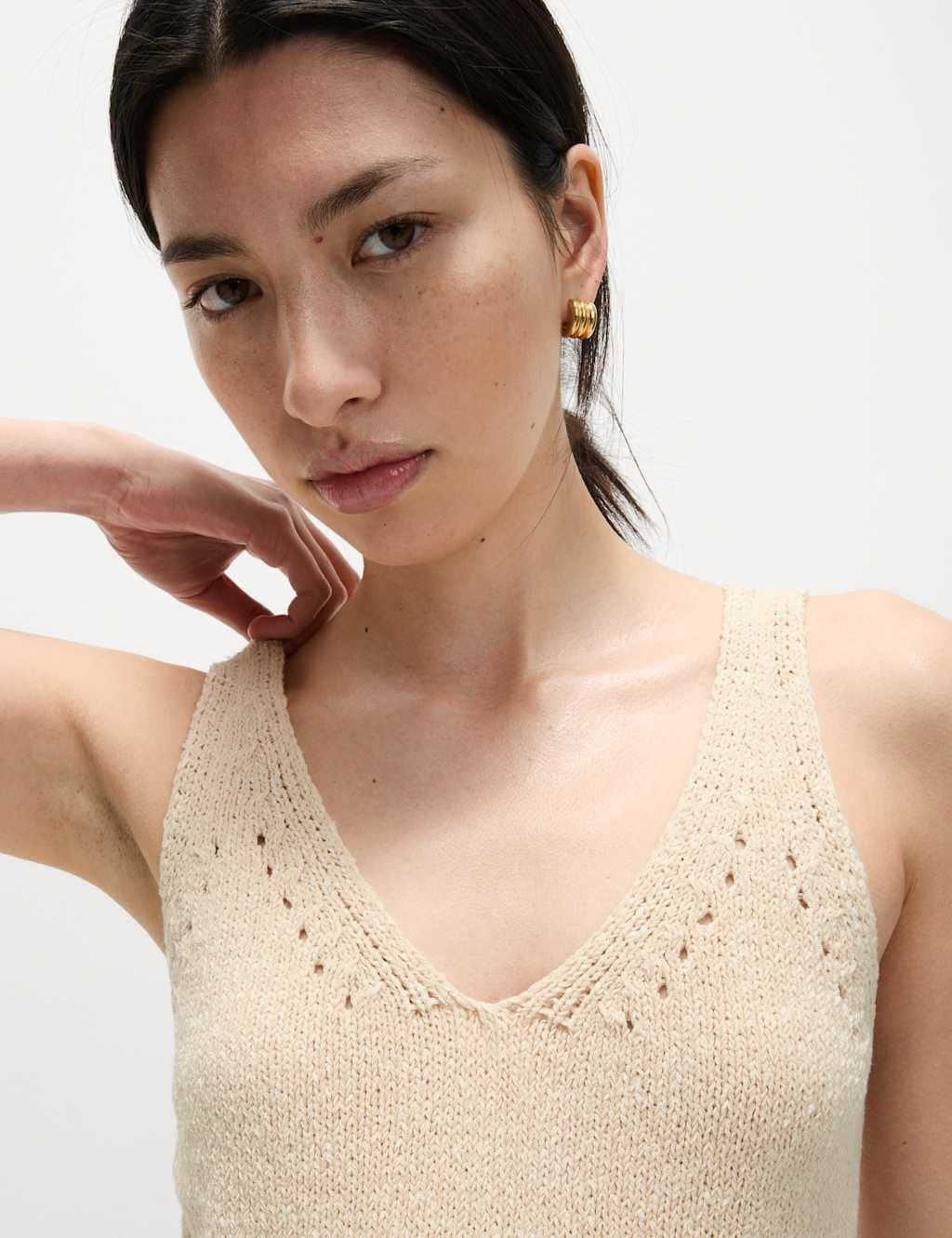 Marks & Spencer M&S Cotton Blend Textured V-Neck Knitted Vest Natural