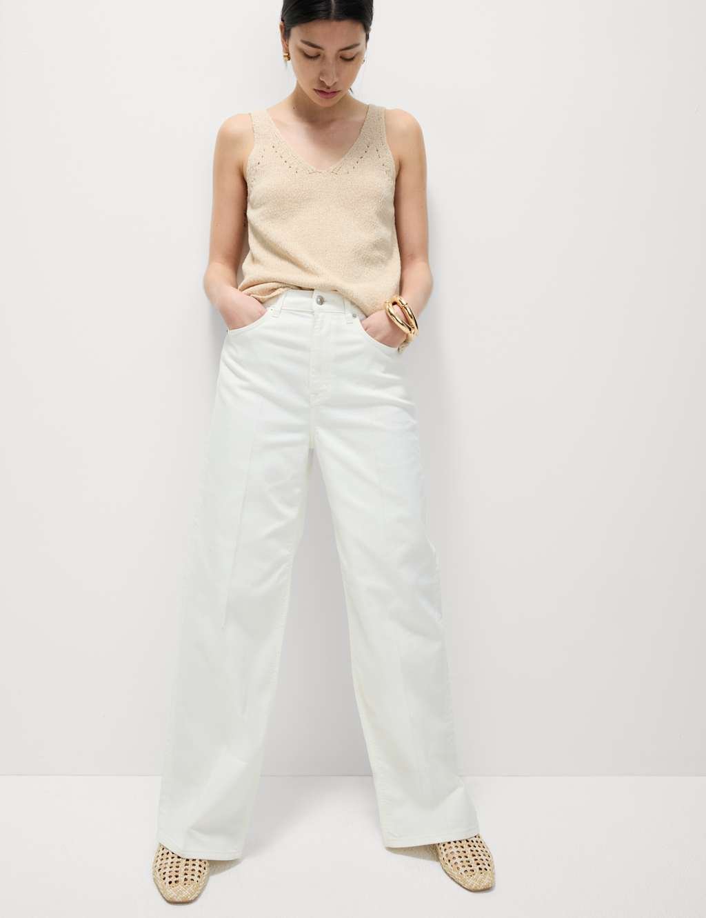 Marks & Spencer M&S Cotton Blend Textured V-Neck Knitted Vest Natural - 2