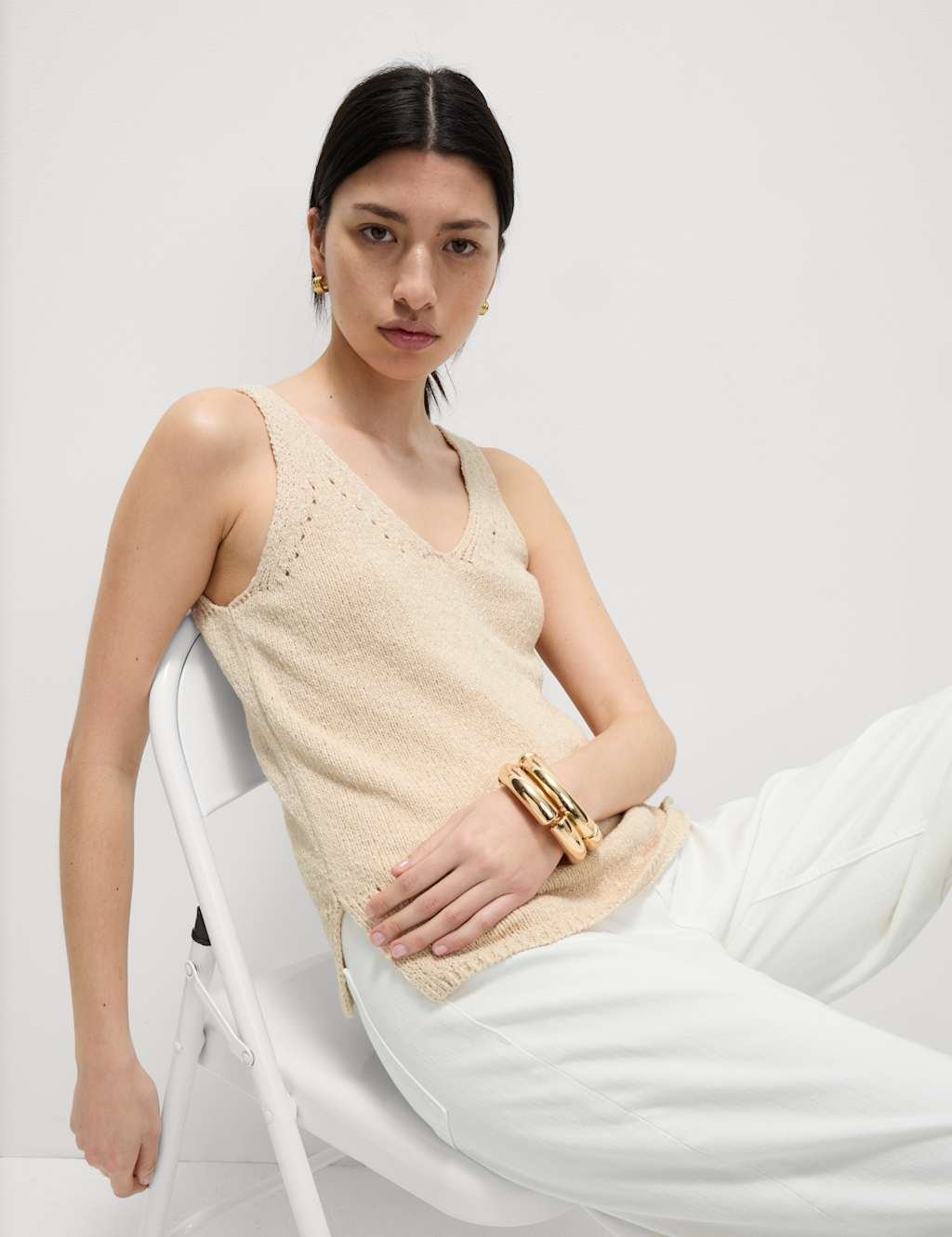 Marks & Spencer M&S Cotton Blend Textured V-Neck Knitted Vest Natural - 3