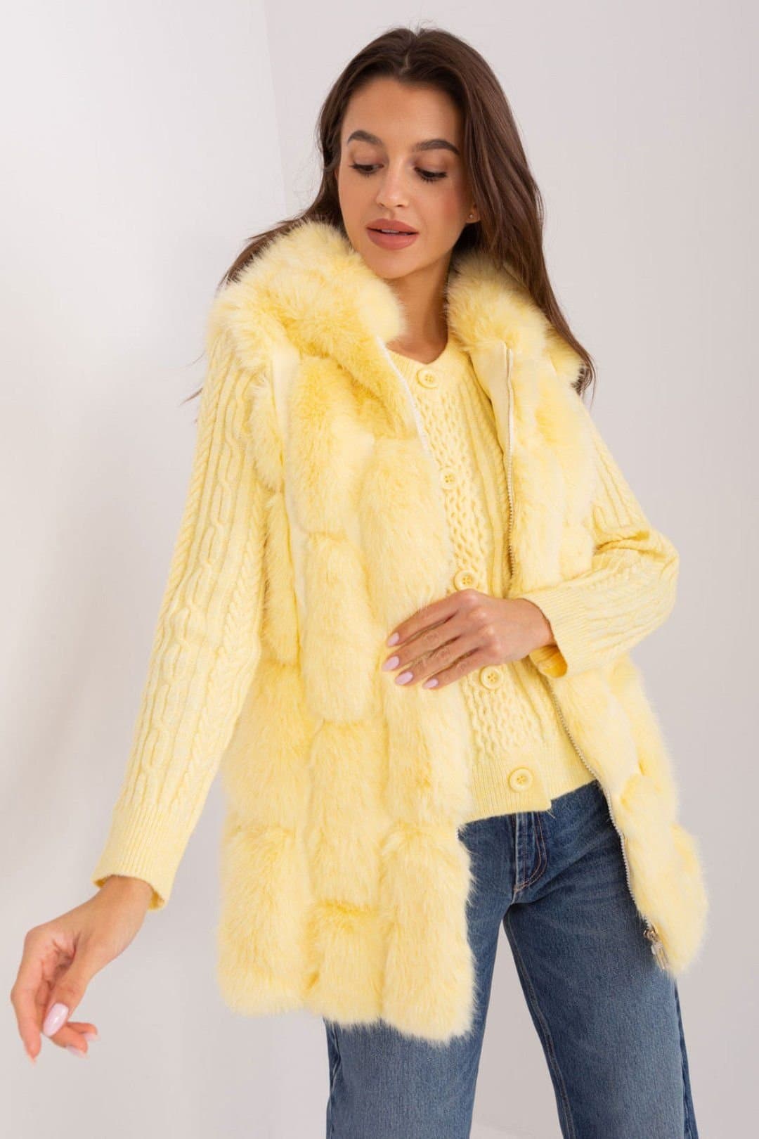 Love Lace Love Lace Women's Hooded Faux Fur Vest with Pockets Zipper in Yellow