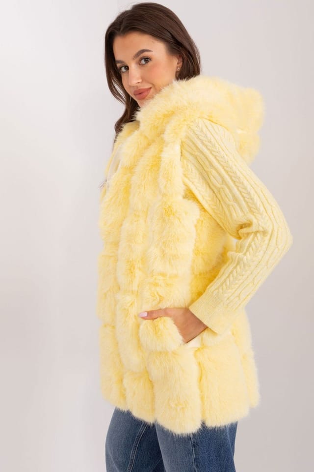 Love Lace Love Lace Women's Hooded Faux Fur Vest with Pockets Zipper in Yellow - 2