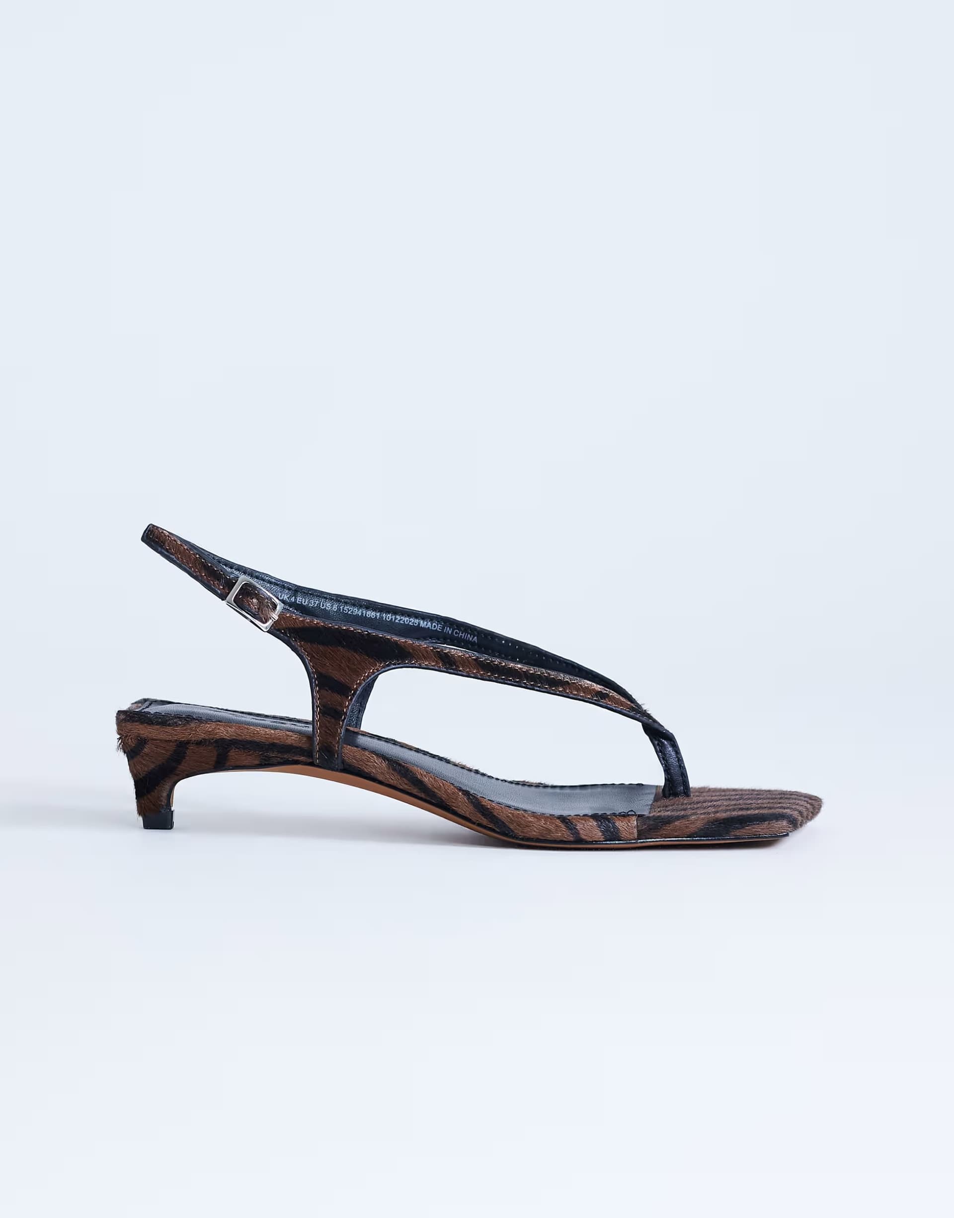 ASOS Topshop Sunshine toe thong mid heel sandal in brown zebra hair on real leather 