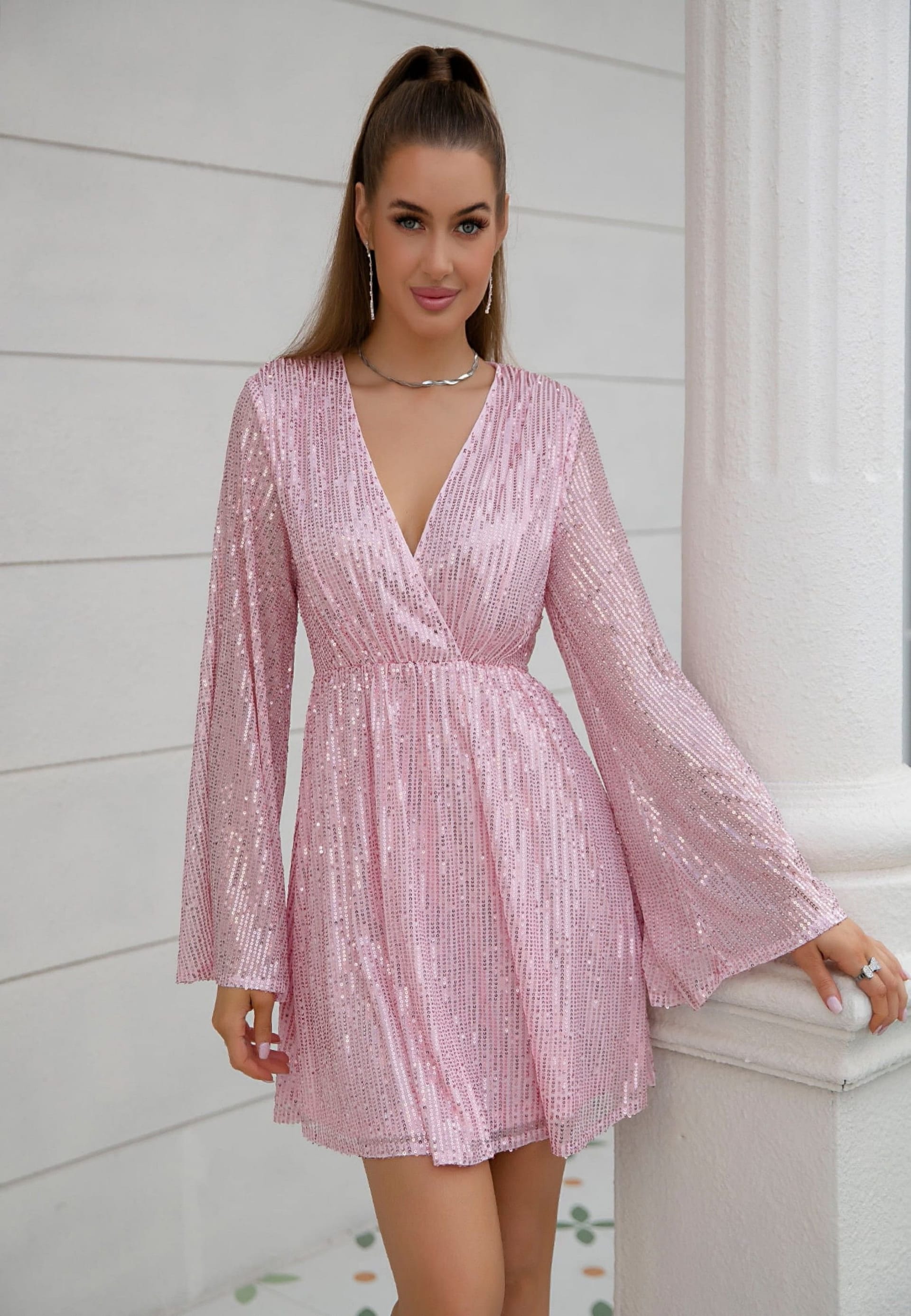 Divine Grace Divine Grace Women's Pink Sequin Flare Sleeve Dress - 4
