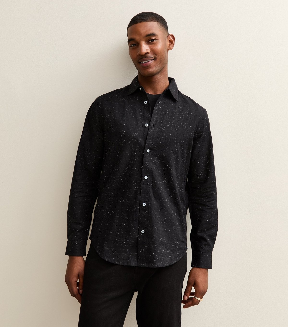 New Look Men's Black Speckled Regular Long Sleeve Shirt New Look - 2
