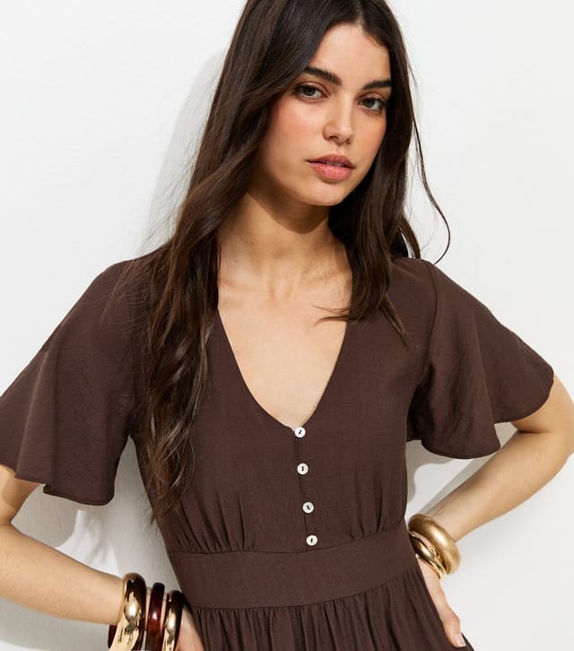 New Look Women's Brown Frill Sleeve V Neck Midi Dress New Look - 2