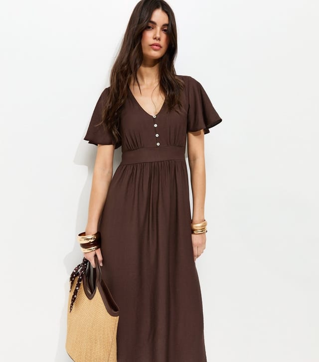 New Look Women's Brown Frill Sleeve V Neck Midi Dress New Look - 3