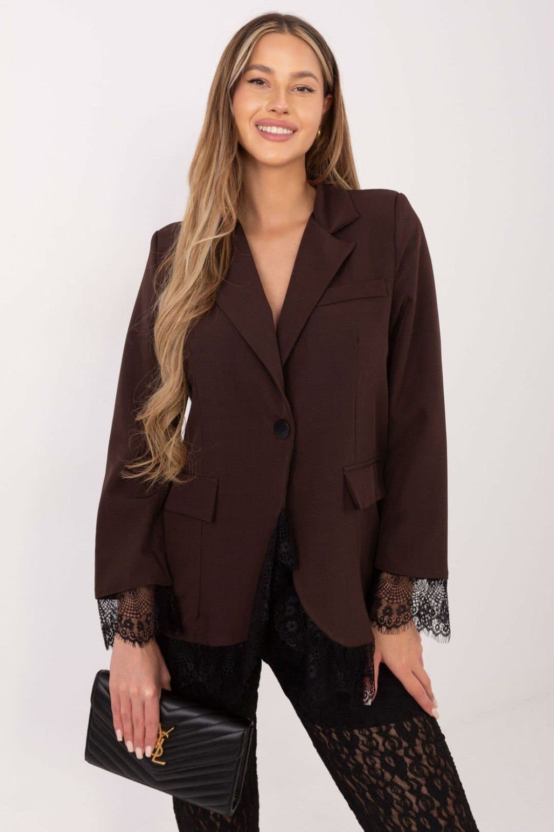 Love Lace Love Lace Women's Classic Lace Trim Blazer with Single Button in Brown