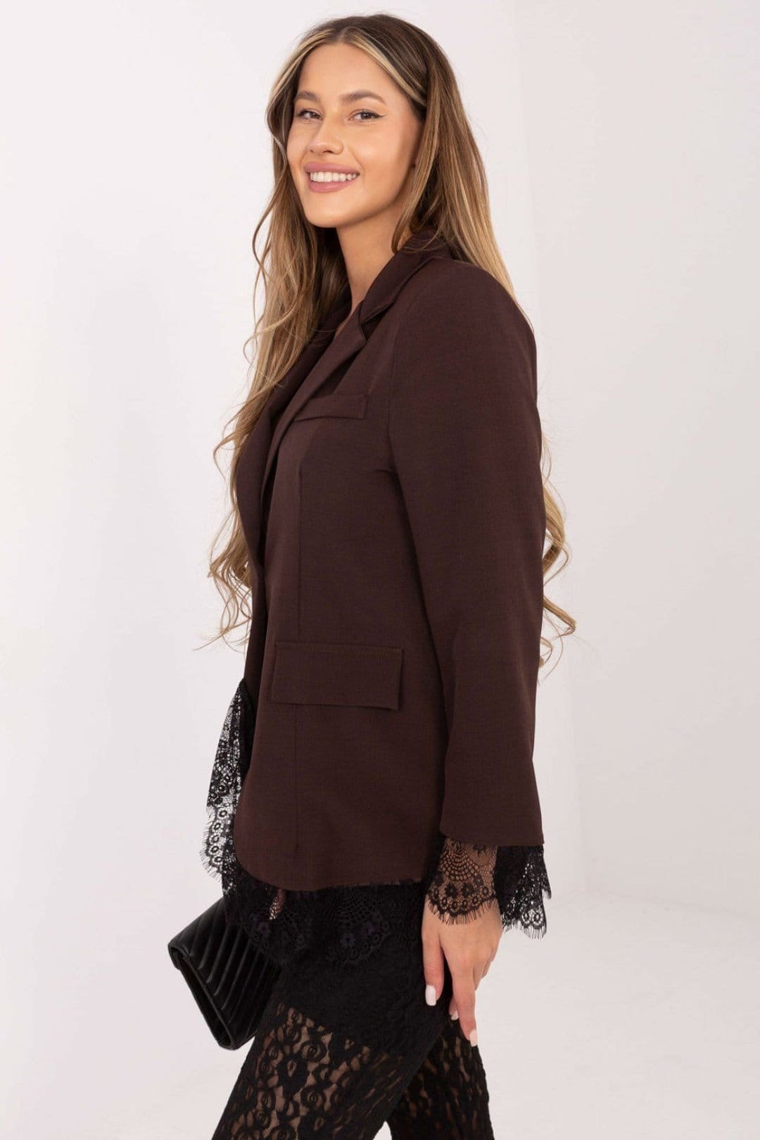 Love Lace Love Lace Women's Classic Lace Trim Blazer with Single Button in Brown - 4