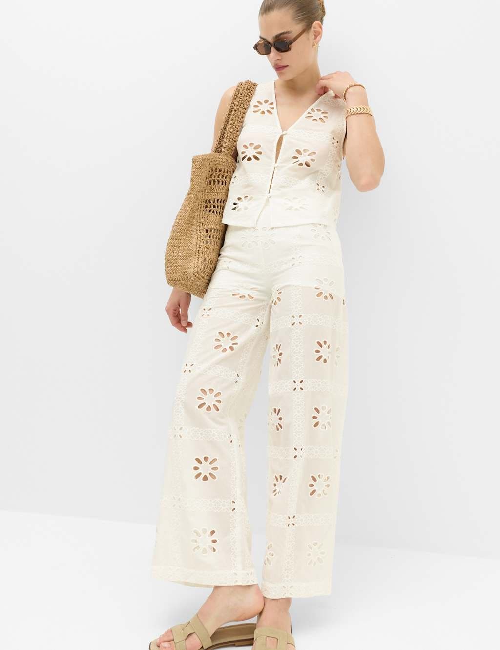 Marks & Spencer M&S Soft White Cotton Cutwork Beach Trousers