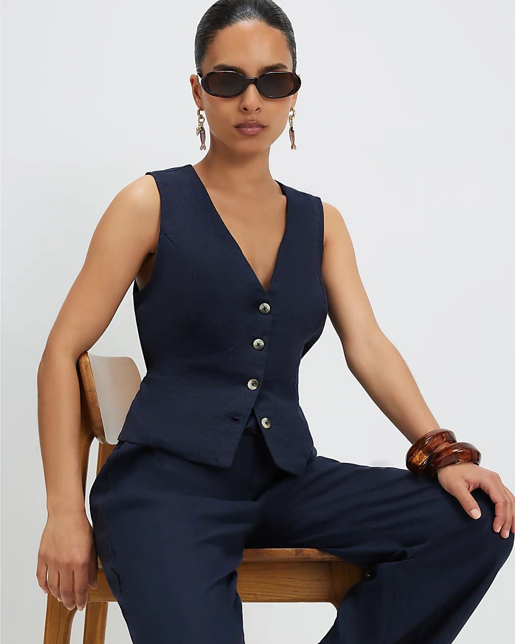 River Island River Island Womens Petite Navy Linen Blend Waistcoat