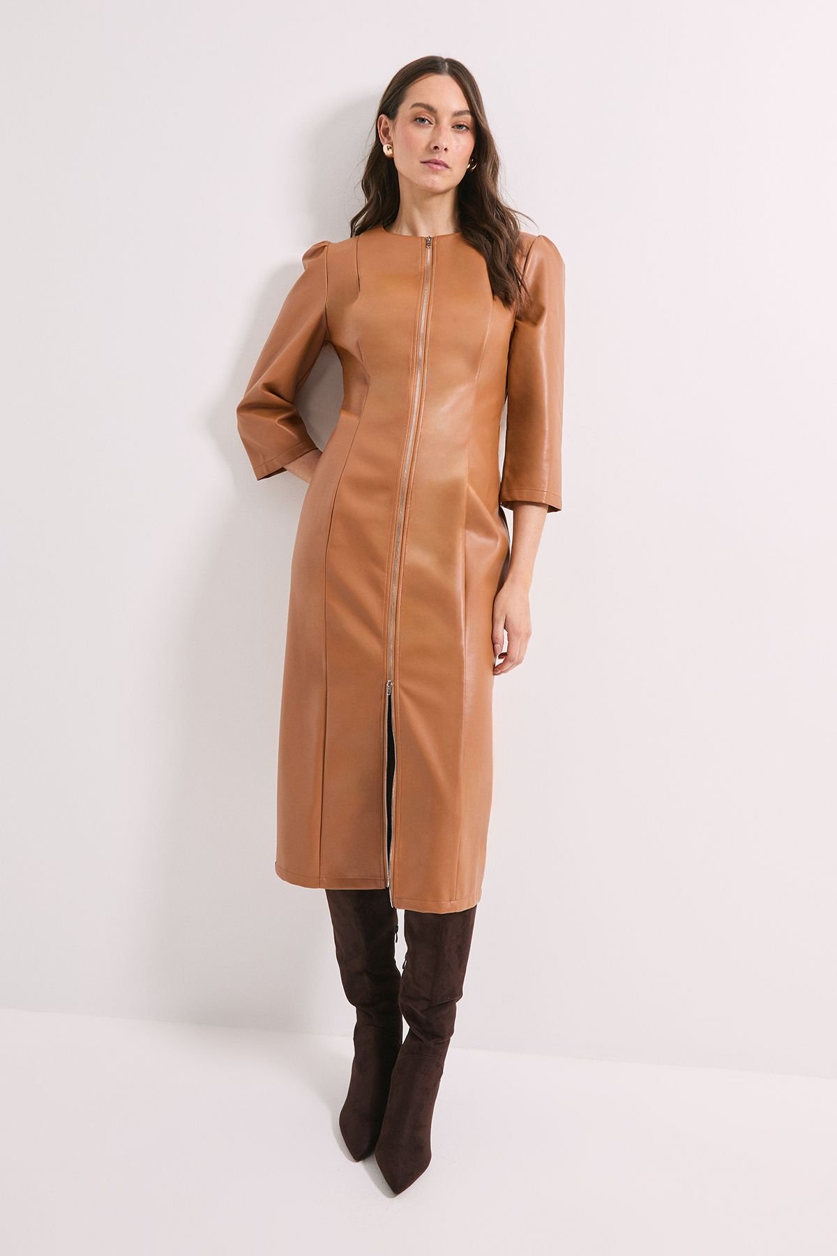 Principles Principles Women's PU Long Sleeve Column Midi Dress in Tan - 2