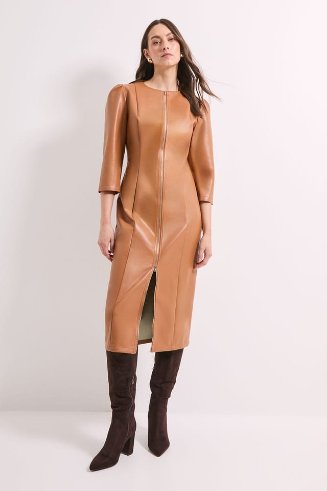 Principles Principles Women's PU Long Sleeve Column Midi Dress in Tan - 2