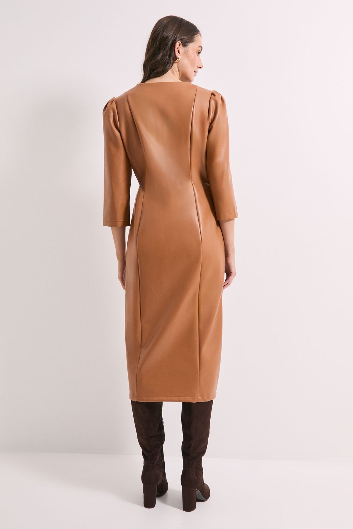 Principles Principles Women's PU Long Sleeve Column Midi Dress in Tan - 3