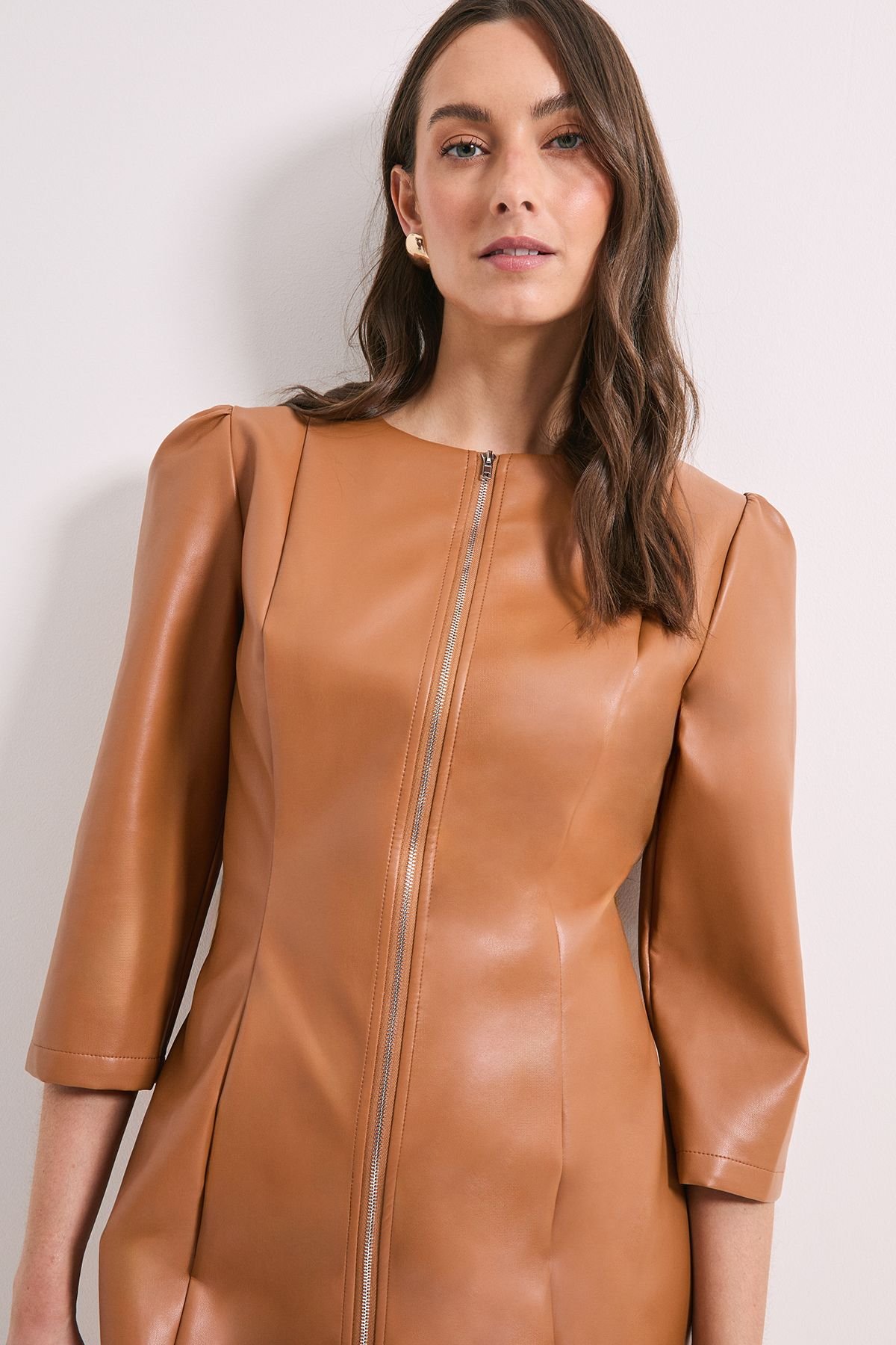 Principles Principles Women's PU Long Sleeve Column Midi Dress in Tan - 4