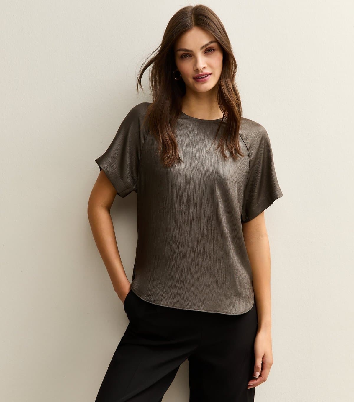 New Look New Look Tall Gunmetal Satin Short Sleeve Top