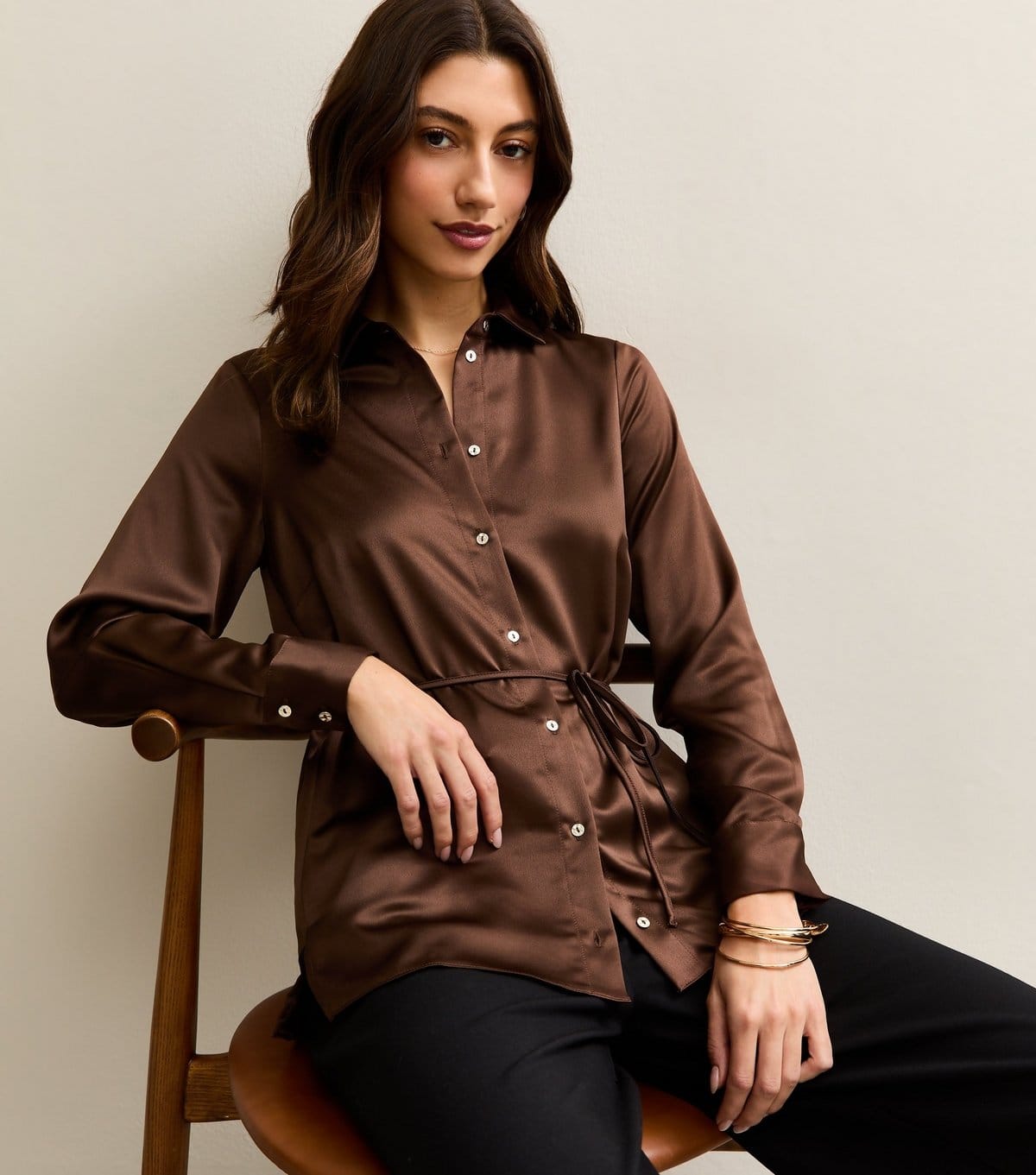 New Look Brown Satin Longline Shirt