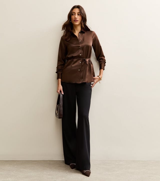 New Look Women's Tall Brown Satin Skinny Belted Shirt New Look - 3