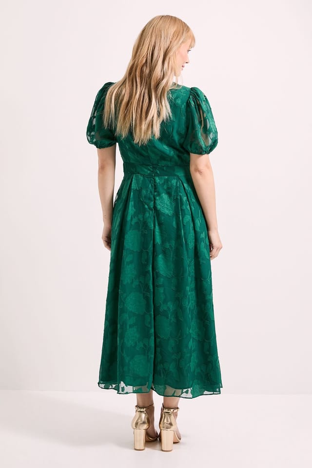 Principles Principles Women's Floral Jacquard Puff Sleeve Midi Dress in Forest - 3