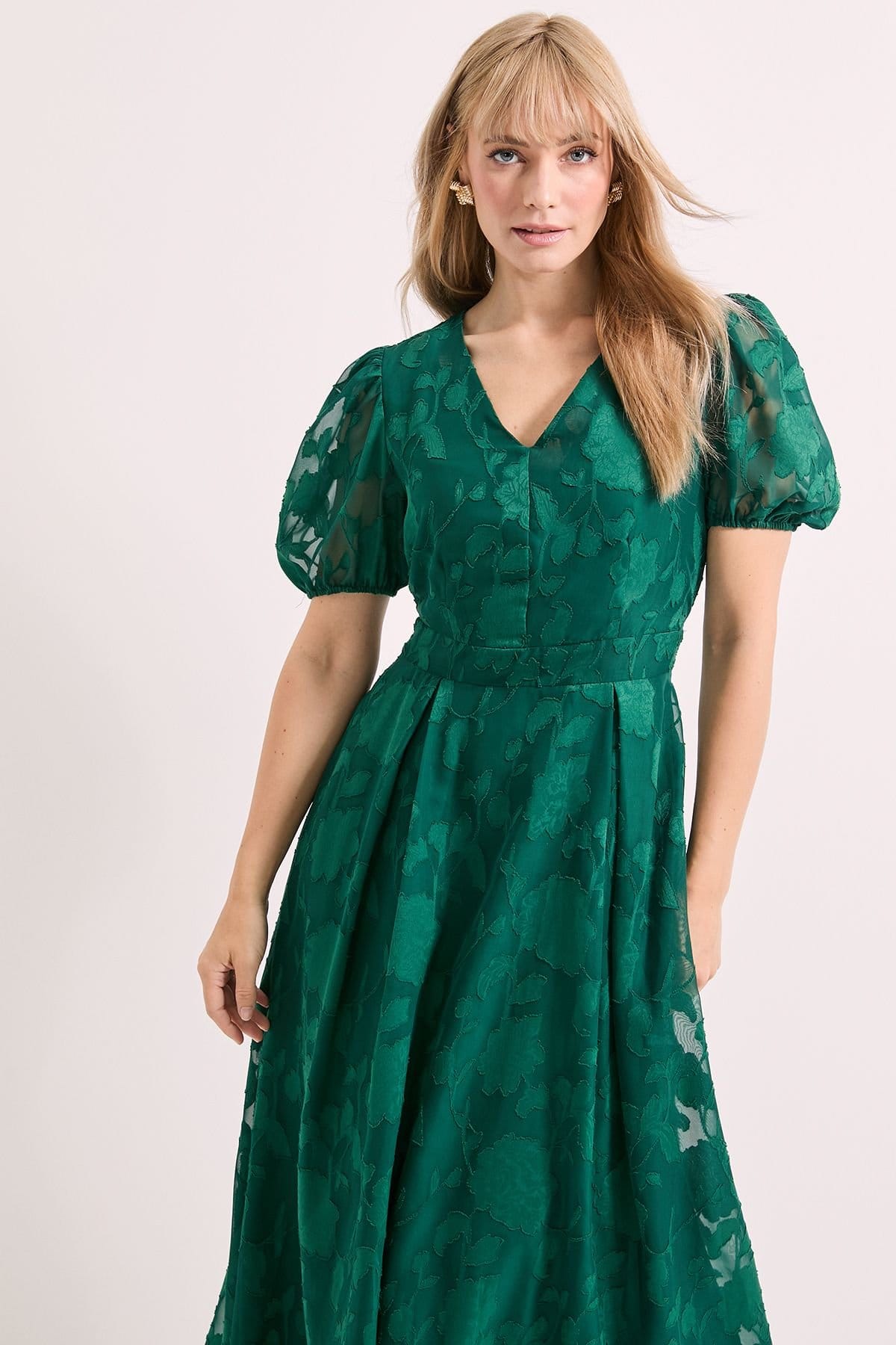 Principles Principles Women's Floral Jacquard Puff Sleeve Midi Dress in Forest - 4