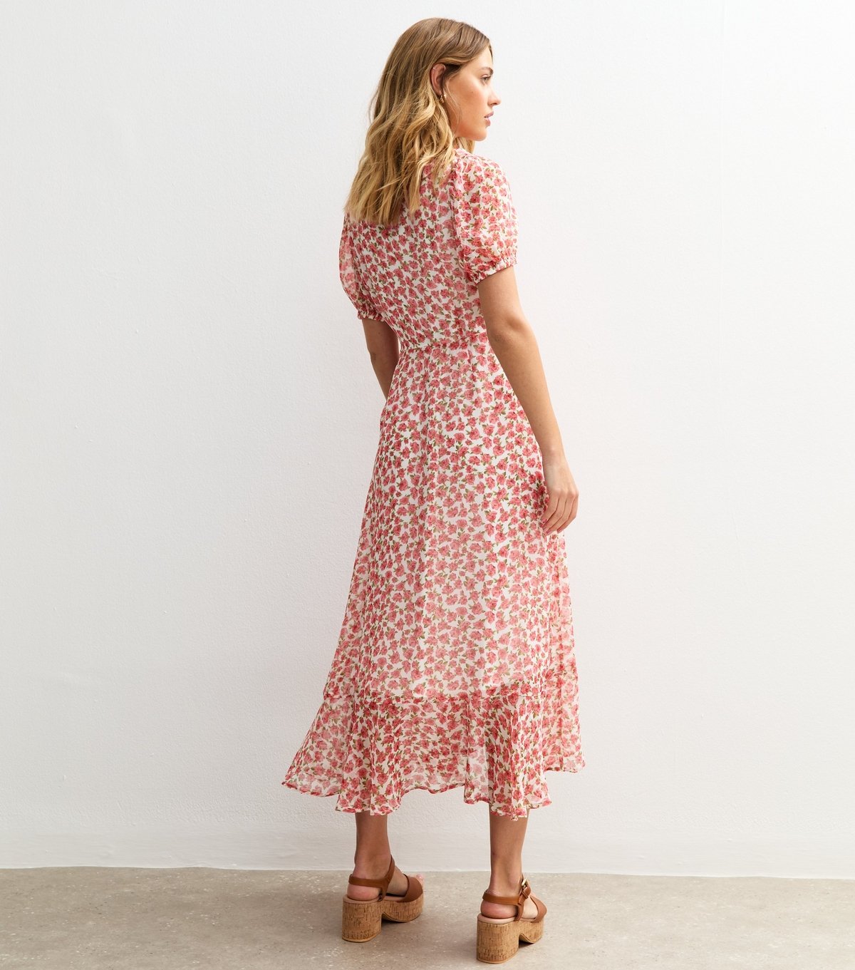 New Look Women's Pink Rose Print Chiffon Wrap Midi Dress New Look - 4