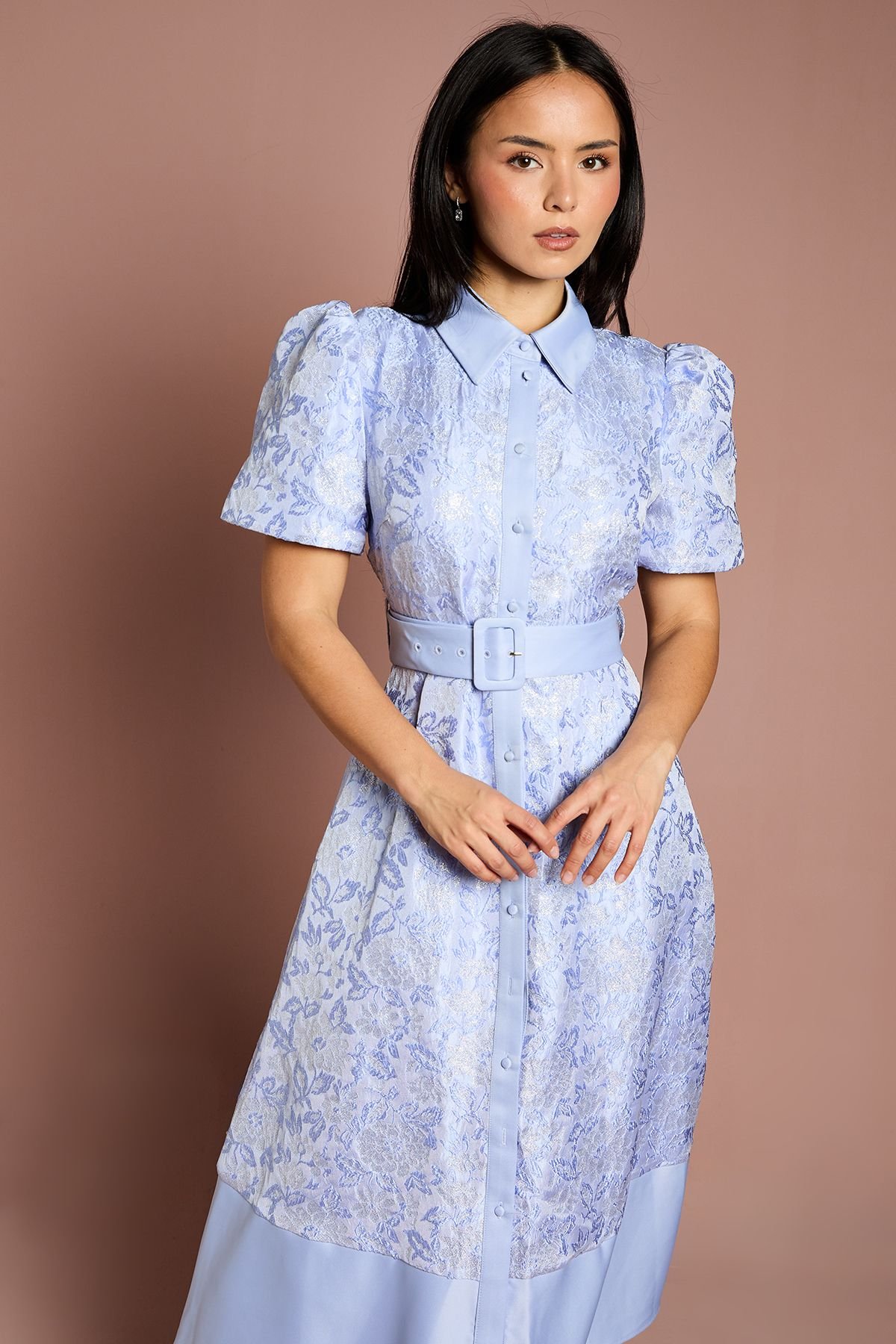 Coast Coast Women's Petite Short Sleeve Shirt Jacquard Midi Dress in Blue - 4