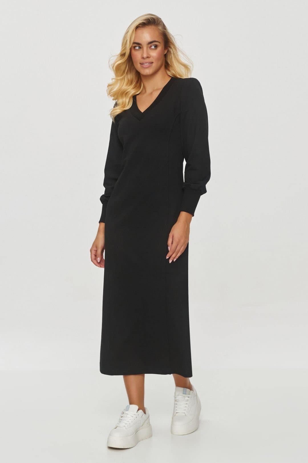 Love Lace Love Lace Women's Elegant V Neck Midi Sweatshirt Dress with Slit in Black