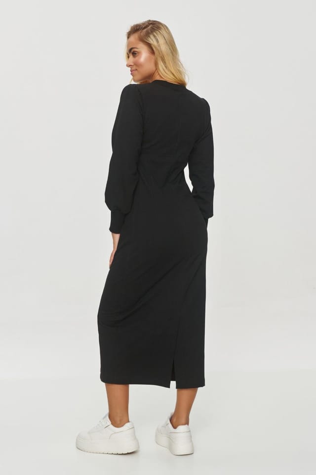 Love Lace Love Lace Women's Elegant V Neck Midi Sweatshirt Dress with Slit in Black - 2