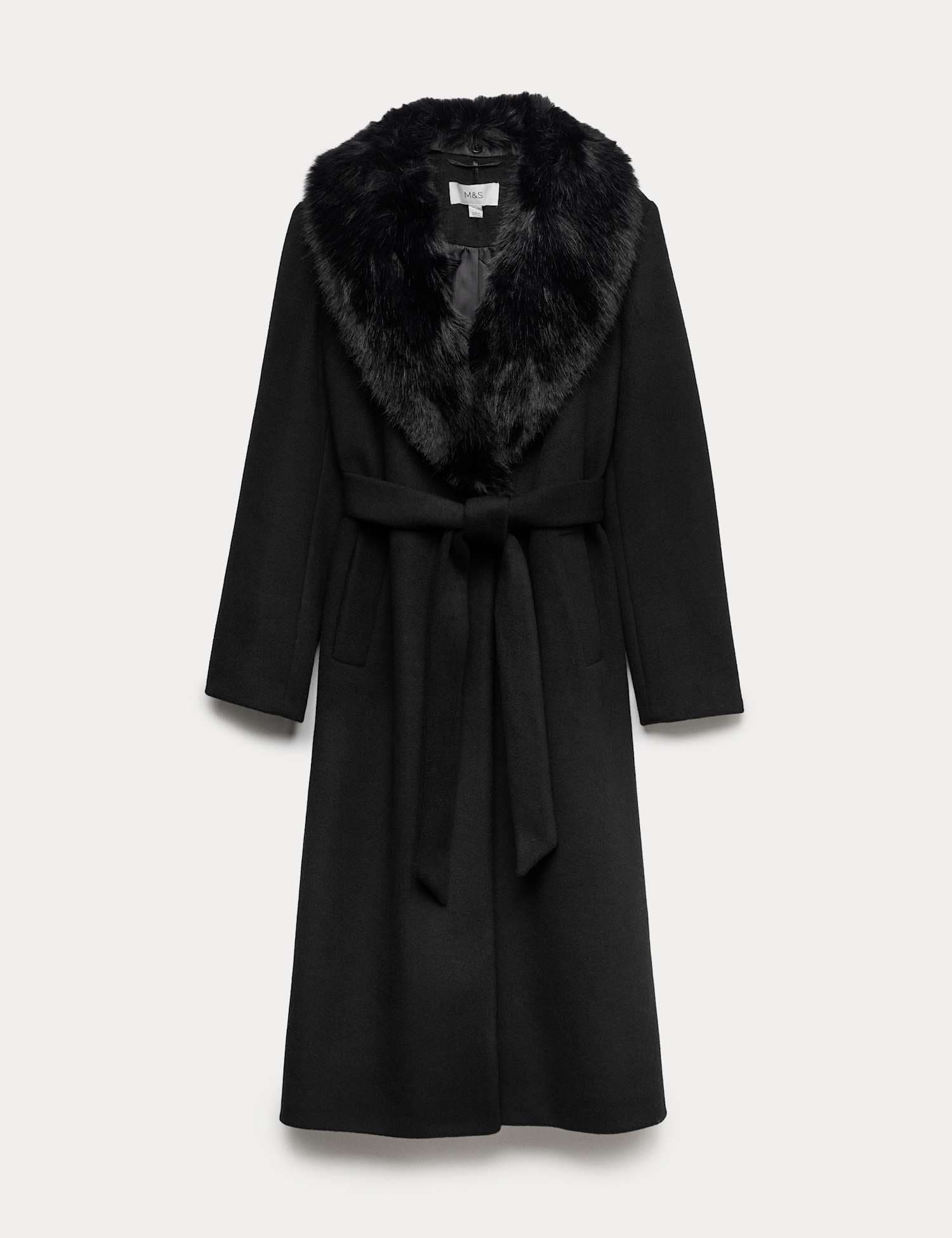 Marks & Spencer M&S Collared Faux Fur Trim Single Breasted Coat Black