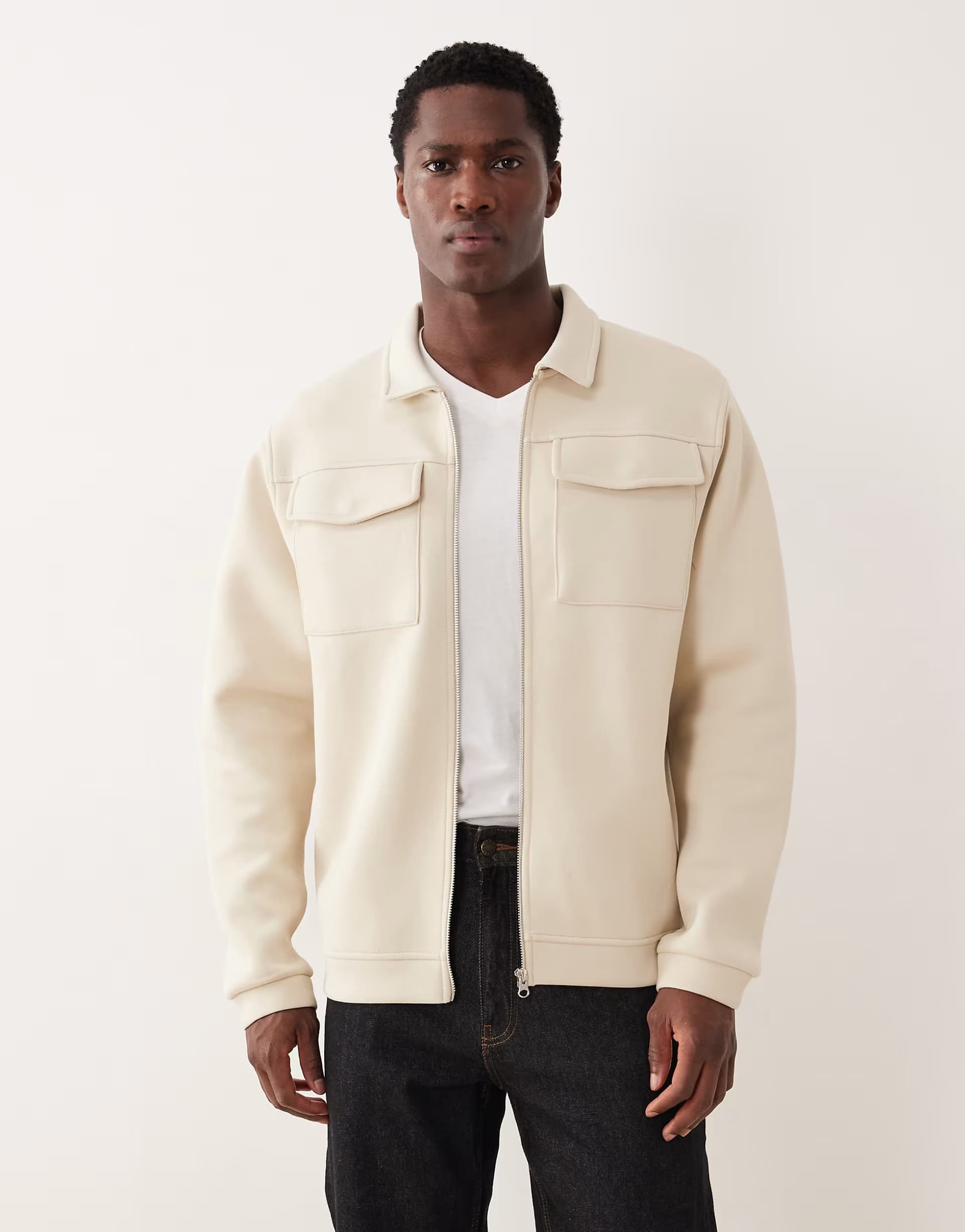 ASOS ASOS DESIGN heavyweight zip-through shacket in scuba-style fabric in ecru - STONE