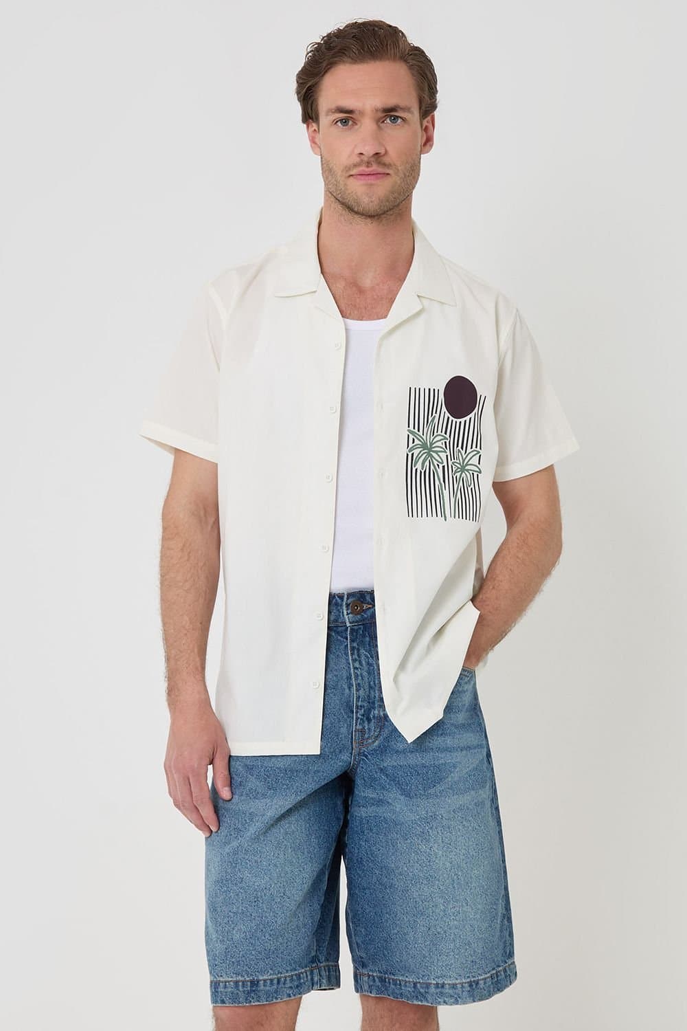 Threadbare threadbare Men's Beach Print Cotton Short Sleeve Shirt in Natural