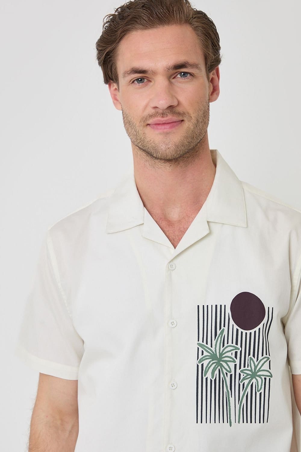 Threadbare threadbare Men's Beach Print Cotton Short Sleeve Shirt in Natural - 4