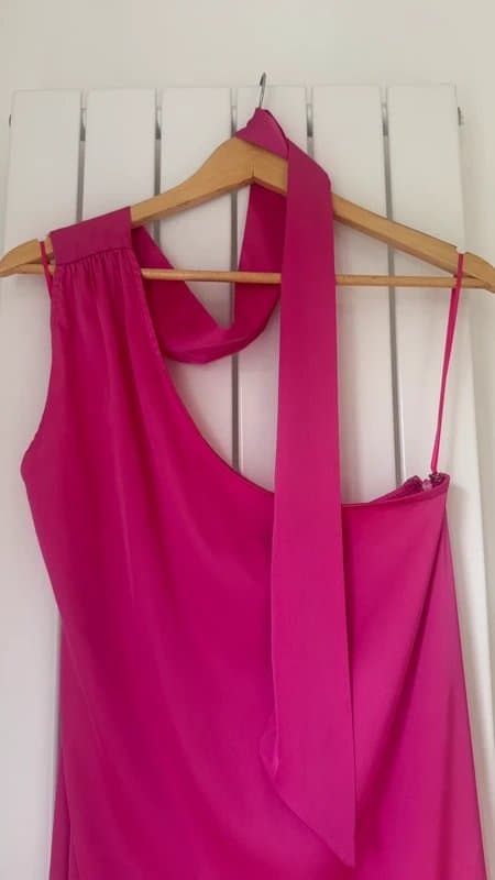 Never Fully Dressed Never Fully Dressed Hot Pink Satin Asymmetric flowy tie neck off shoulder dress