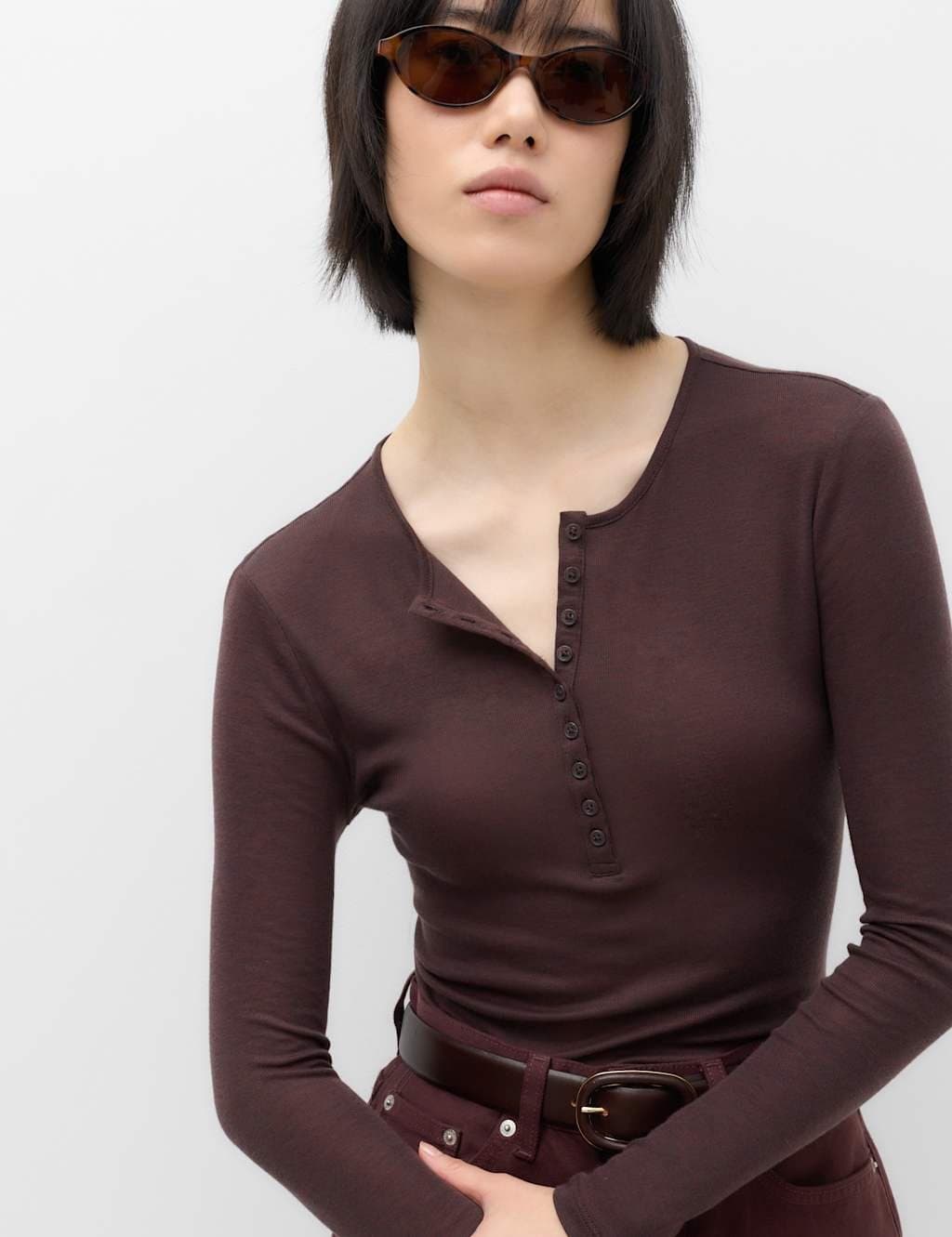 Marks & Spencer M&S Lyocell Rich Henley Top with Wool Dark Chocolate