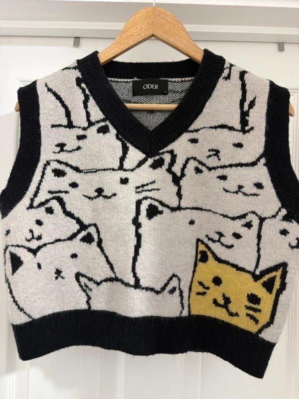 Cider Adorable Women’s Cider Cats Kittens V Neck Knit Sweater Vest Tank Top Waistcoat size M 12-14
